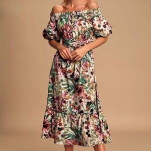 ❗️LULU’s  She's the One Beige Floral Print Off-The-Shoulder Midi Dress​…​